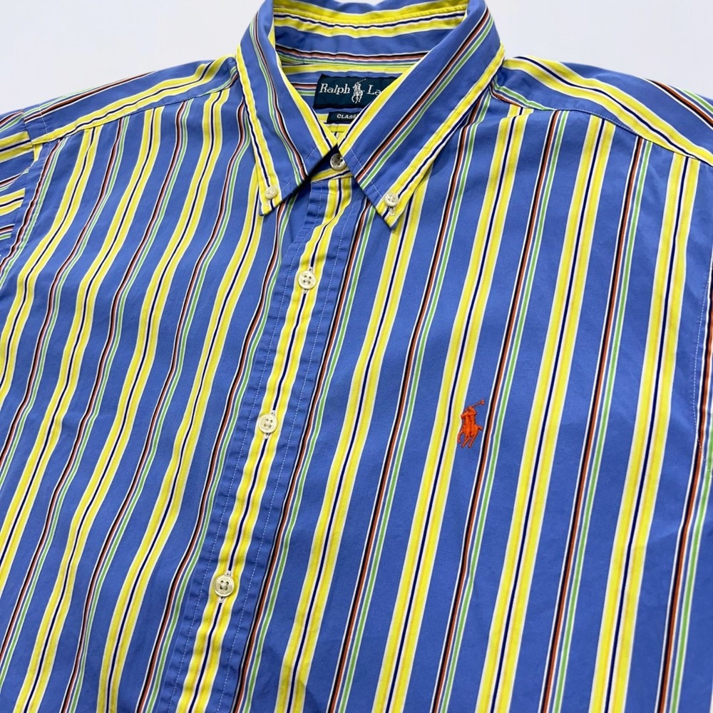 Ralph Lauren Button Down Shirt Men's Large Blue Yellow Striped Long Sleeve - Picture 5 of 13